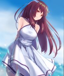 Rule 34 | 1girl, arms behind back, bare shoulders, blue sky, breasts, cloud, cloudy sky, commentary request, day, dress, fate/grand order, fate (series), hair blowing, long hair, looking at viewer, maru (maru1625), medium breasts, ocean, purple hair, red eyes, scathach (fate), scathach (fate), sky, smile, solo, sparkle, standing