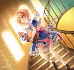 Rule 34 | 1girl, alice margatroid, an2a, back, blonde hair, blue dress, blue eyes, book, capelet, crease, cropped, doll, dress, dutch angle, frills, full body, hair ornament, hair ribbon, hairband, high heels, imageboard sample, jpeg artifacts, light, long hair, long sleeves, looking at viewer, looking back, non-web source, ribbon, sash, scan, scan artifacts, shanghai doll, short hair, short sleeves, socks, solo, stairs, text focus, touhou, white socks, window