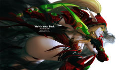 Rule 34 | 1girl, 21yc (september breeze), ass, black thighhighs, blonde hair, blood elf (warcraft), boots, breasts, cleavage, dual wielding, elbow gloves, elf, gloves, green eyes, high ponytail, holding, holding weapon, hood, long hair, medium breasts, pale skin, patreon username, pointy ears, solo, thighhighs, thighhighs under boots, torn clothes, torn thighhighs, twitter username, valeera sanguinar, warcraft, weapon, white background, world of warcraft