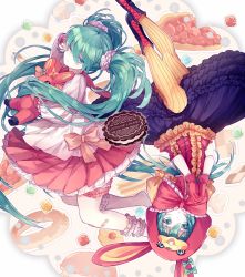 Rule 34 | 2girls, :o, animal ears, animal hood, aqua bow, aqua eyes, aqua hair, bad id, bad pixiv id, bandaid, boots, bow, burger, candy, chocolate, closed mouth, cookie, cross-laced footwear, doughnut, dual persona, ear ribbon, eyebrows, fake animal ears, food, frilled sleeves, frills, gloves, hair between eyes, hair ornament, hair scrunchie, hatsune miku, holding, holding stuffed toy, hood, in food, interlocked fingers, kneehighs, lace-up boots, light particles, lol -lots of laugh- (vocaloid), long hair, long sleeves, looking at viewer, lyodi, multiple girls, no shoes, one eye closed, outline, own hands together, pancake, pantyhose, pink bow, pink gloves, pink skirt, pleated skirt, puffy short sleeves, puffy sleeves, purple skirt, rabbit ears, rabbit hood, revision, ribbed legwear, rubbing eyes, school uniform, scrunchie, serafuku, short sleeves, skirt, socks, song name, striped clothes, striped legwear, striped pantyhose, stuffed animal, stuffed rabbit, stuffed toy, sweets, twintails, upside-down, vertical-striped clothes, vertical-striped legwear, vertical-striped pantyhose, very long hair, vocaloid, white legwear, yellow legwear