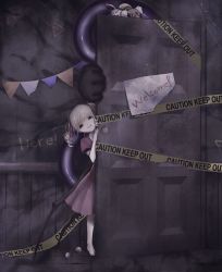 Rule 34 | 1girl, absurdres, caution tape, child, door, dress, english text, eyeball, female focus, highres, icochiya (icochiya1414), looking at viewer, monster, original, pale skin, pink dress, puffy short sleeves, puffy sleeves, short sleeves, sign, smile, stuffed animal, stuffed rabbit, stuffed toy, teddy bear, tentacles, twintails, white hair