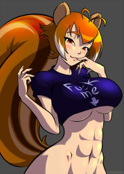 Rule 34 | 1girl, abs, animal ears, antenna hair, arc system works, bare shoulders, blazblue, blazblue: continuum shift, bottomless, breasts, brown eyes, brown hair, clothes writing, colorized, crop top, deliciousorange, drawfag, english text, finger to mouth, fuck-me shirt, halterneck, huge breasts, large breasts, makoto nanaya, meme attire, multicolored hair, muscular, muscular female, naughty face, navel, profanity, short hair, solo, squirrel ears, squirrel tail, standing, tail, two-tone hair, underboob, watermark, web address, white hair