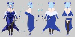 Rule 34 | + +, 1girl, animal ears, arms at sides, backless dress, backless outfit, bare shoulders, blue dress, blue eyes, blue hair, breasts, character sheet, choker, cleavage, collarbone, cow ears, cow girl, cow horns, cow tail, cream cod, dress, facing away, facing to the side, facing viewer, feather boa, grey background, hair ribbon, high heels, highres, horns, huge breasts, indie virtual youtuber, jewelry, medium hair, miilkywayz, multiple views, official art, parted bangs, ribbon, side slit, simple background, solo, standing, tail, thighhighs, virtual youtuber