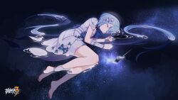 Rule 34 | 1girl, barefoot, beret, black hat, blue hair, chinese commentary, closed eyes, closed mouth, dress, fetal position, griseo, griseo (starry impression), hat, highres, honkai (series), honkai impact 3rd, in water, logo, long hair, lying, official art, official wallpaper, paintbrush, sleeping, solo, space, white dress