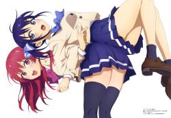 Rule 34 | 2girls, absurdres, aqua inc., ass, ass-to-ass, back-to-back, bent over, black legwear, blue eyes, blue hair, blue neckwear, blue skirt, brown footwear, brown jacket, carrying, clothes lift, hair ornament, highres, jacket, kanojo mo kanojo, loafers, locked arms, long hair, looking at viewer, megami magazine, minase nagisa, multiple girls, official art, open mouth, pleated skirt, purple neckwear, red eyes, red hair, saki saki (kanojo mo kanojo), scan, school uniform, shirt, shoes, simple background, skirt, skirt lift, smile, stretching, teeth, thighhighs, thighs, upper teeth only, white background, white shirt