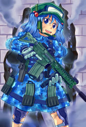 Rule 34 | 1girl, absurdres, assault rifle, camouflage, female focus, gloves, gun, hair bobbles, hair ornament, highres, holster, kawashiro nitori, m4 carbine, rifle, seiryouinryousui, solo, touhou, trigger discipline, two side up, vertical forward grip, weapon