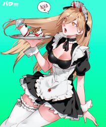 Rule 34 | 1girl, :o, apron, blonde hair, breasts, cesar art456, chainsaw man, choker, cleavage, cowboy shot, cross-shaped pupils, cup, demon girl, demon horns, disposable cup, dress, drinking straw, floating hair, food, french fries, frilled apron, frilled choker, frilled dress, frills, green background, hair between eyes, highres, holding, holding tray, horns, long hair, maid, maid apron, maid headdress, medium breasts, open mouth, power (chainsaw man), puffy short sleeves, puffy sleeves, red horns, short sleeves, solo, speech bubble, splatter, symbol-shaped pupils, teeth, thighhighs, tray, white thighhighs, white wrist cuffs, wrist cuffs, yellow eyes, zettai ryouiki