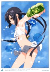 Rule 34 | 1girl, 2011, absurdres, armpits, black hair, brown eyes, dated, dual wielding, errant, foreshortening, highres, holding, k-on!, long hair, nakano azusa, outstretched arms, solo, spread arms, swimsuit, twintails, water gun