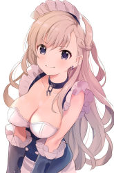 Rule 34 | 1girl, aged down, azur lane, bare shoulders, belfast (azur lane), blush, braid, breasts, chain, choker, cleavage, collar, collarbone, corset, dress, earrings, frilled dress, frills, frown, jewelry, large breasts, long hair, looking at viewer, maid, maid headdress, purple eyes, silver hair, simple background, sleeveless, sleeveless dress, solo, tetsujin momoko, upper body, wavy mouth, white background