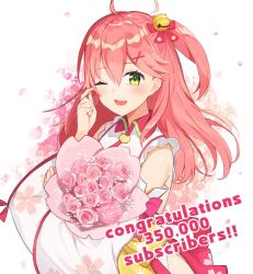 Rule 34 | 1girl, ahoge, bell, bouquet, cherry blossom print, detached sleeves, floral print, flower, frills, green eyes, hair bell, hair ornament, hairclip, highres, holding, holding bouquet, hololive, long hair, looking at viewer, mirai (mirai76 ), one eye closed, petals, pink hair, sakura miko, sakura miko (1st costume), solo, tears, virtual youtuber, wiping tears, x hair ornament