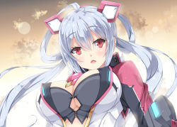 Rule 34 | 1girl, ahoge, breasts, character cutout, cleavage, collarbone, gem, hair between eyes, hair ornament, large breasts, long hair, looking at viewer, matoi (pso2), milkpanda, moon, open mouth, outdoors, phantasy star, phantasy star online 2, red eyes, shiny skin, silver hair, sky, solo, upper body