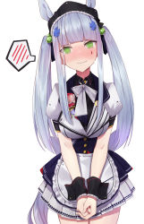 Rule 34 | 1girl, @ @, alternate hairstyle, animal ears, apron, blunt bangs, blush, bow, bowtie, breasts, commentary request, cowboy shot, embarrassed, facial mark, girls&#039; frontline, green eyes, hair bobbles, hair ornament, hat, head tilt, highres, hk416 (girls&#039; frontline), horse ears, horse girl, horse tail, jacket, long hair, looking at viewer, medium breasts, nose blush, own hands together, pleated skirt, puffy short sleeves, puffy sleeves, ranyu, short sleeves, silver hair, simple background, skirt, solo, spoken blush, standing, sweat, tail, teardrop, twintails, umamusume, v arms, wavy mouth, white background, wing collar, wrist cuffs