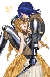 Rule 34 | 2girls, armor, blonde hair, blue hair, blush, carrying, clorinde (genshin impact), closed eyes, commentary, dress, drill hair, english commentary, full armor, genshin impact, gown, hand on another&#039;s head, highres, holding, holding sword, holding weapon, long hair, multiple girls, navia (genshin impact), notice lines, open mouth, parted lips, princess carry, purple eyes, simple background, sword, twitter username, weapon, wenechaisa, white background, yellow dress, yuri