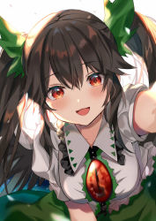 Rule 34 | 1girl, :d, alternate hairstyle, black hair, blush, breasts, commentary request, green ribbon, green skirt, hair between eyes, hair ribbon, highres, long hair, looking at viewer, medium breasts, open mouth, puffy short sleeves, puffy sleeves, red eyes, reiuji utsuho, ribbon, satoupote, shirt, short sleeves, simple background, skirt, smile, solo, touhou, twintails, upper body, white background, white shirt