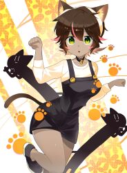 Rule 34 | 1girl, animal, animal ears, bell, black cat, black overalls, brown hair, cat, cat ears, cat girl, cat tail, choker, collarbone, cropped legs, dot mouth, dot nose, green eyes, hairband, highres, looking at viewer, multicolored hair, neck bell, original, overalls, parted lips, paw print, pink hair, shirt, short hair, solo, standing, standing on one leg, streaked hair, tail, toconikky, two-tone hair, white hairband, white shirt