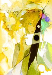 Rule 34 | 1boy, abstract background, basil (faraway) (omori), basil (headspace) (omori), basil (omori), blonde hair, blue eyes, camera, commentary, english commentary, eyes in shadow, flower, glowing, glowing eye, green hair, hair flower, hair ornament, hands up, happy birthday, highres, holding, holding camera, horror (theme), kmkmkmkm, looking at viewer, male focus, omori, page tear, revealing layer, short hair, smile, solo, upper body, white eyes, yellow background, yellow theme