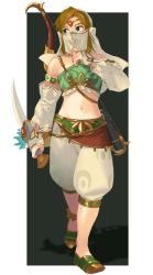 Rule 34 | 1boy, alternate color, arabian clothes, armlet, artist name, bare shoulders, black background, blonde hair, blue eyes, border, bridal gauntlets, commentary, crossdressing, detached sleeves, earrings, full body, gerudo set (zelda), hand up, harem pants, highres, holding, holding knife, holding sword, holding weapon, ivy (sena0119), jewelry, knife, link, long sleeves, male focus, midriff, mouth veil, navel, nintendo, official alternate costume, pants, pointy ears, shoes, solo, stomach, sword, the legend of zelda, the legend of zelda: breath of the wild, trap, veil, walking, weapon, white background, white border, white pants