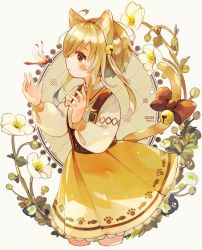 Rule 34 | 1girl, ahoge, animal ears, animal print, artist name, bell, blonde hair, blush stickers, bow, brown eyes, bug, cat ears, cat girl, cat tail, commentary, corset, cowboy shot, cropped legs, dated, dragonfly, fish print, flower, from side, hair bell, hair ornament, hands up, highres, insect, jingle bell, leaf, long sleeves, original, parted lips, paw print, paw print pattern, puffy long sleeves, puffy sleeves, shirt, short hair with long locks, signature, skirt, solo, standing, suspender skirt, suspenders, tabi 0v0, tail, tail bell, tail bow, tail ornament, white flower, white shirt, yellow skirt