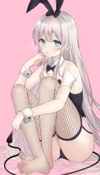 Rule 34 | 1girl, absurdres, animal ears, ass, black leotard, blue eyes, bow, bowtie, demon tail, detached collar, fake animal ears, fishnet thighhighs, fishnets, grey hair, hair bow, haru (re ilust), highleg, highleg leotard, highres, knees up, leotard, long hair, looking at viewer, no shoes, original, parted lips, pink background, playboy bunny, rabbit ears, sitting, solo, strapless, strapless leotard, tail, thighhighs, very long hair, wrist cuffs