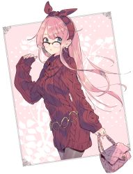 Rule 34 | 1girl, aran sweater, azuchi, bag, blue eyes, blush, bow, breasts, cable knit, dress, earrings, eyebrows, framed, glasses, hairband, handbag, jewelry, long hair, long sleeves, looking at viewer, megurine luka, open mouth, pantyhose, patterned, patterned clothing, pink hair, solo, sweater, sweater dress, turtleneck, very long hair, vocaloid