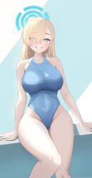 Rule 34 | 1218 haruru, 1girl, absurdres, arm support, asuna (blue archive), bare shoulders, blonde hair, blue archive, blue eyes, blue one-piece swimsuit, blush, breasts, covered navel, eyes visible through hair, hair over one eye, highleg, highleg swimsuit, highres, large breasts, long hair, looking at viewer, one-piece swimsuit, sitting, sitting on wall, smile, solo, swimsuit, teeth