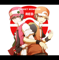 Rule 34 | 00s, 1990s (style), 2boys, alternate costume, backpack, bad id, bad pixiv id, bag, baseball cap, brown hair, creatures (company), dual persona, fingerless gloves, game freak, gloves, grey hair, hat, holding, holding poke ball, jacket, leaf, letterboxed, male focus, multiple boys, nintendo, open clothes, open jacket, orange eyes, pixiv red, poke ball, pokemon, pokemon frlg, pokemon rgby, randoseru, red (pokemon), red (pokemon frlg), red eyes, retro artstyle, short hair, smile, wristband