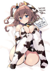 Rule 34 | 1girl, alternate costume, animal ears, animal print, bell, blue eyes, blush, breasts, brown hair, chinese zodiac, closed mouth, collar, cow ears, cow girl, cow horns, cow print, dated, elbow gloves, gloves, hair between eyes, hair ornament, horns, huge breasts, kantai collection, long hair, looking at viewer, odawara hakone, one-hour drawing challenge, ponytail, saratoga (kancolle), side ponytail, sidelocks, sitting, smokestack, sweat, thighhighs, translation request