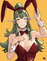 Rule 34 | 1girl, aged up, bare shoulders, breasts, commentary, english commentary, fire emblem, fire emblem awakening, green eyes, green hair, highres, large breasts, leotard, long hair, looking at viewer, nintendo, one eye closed, playboy bunny, pointy ears, ponytail, red leotard, sakuremi, smile, solo, strapless, strapless leotard, tiara, tiki (adult) (fire emblem), tiki (fire emblem), wrist cuffs