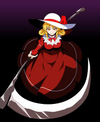 Rule 34 | 1girl, absurdres, black background, blonde hair, bow, breasts, closed mouth, collared dress, commentary request, curly hair, dress, drill hair, drill sidelocks, elly (touhou), frilled sleeves, frills, full body, gradient background, hat, hat bow, highres, holding, holding scythe, juliet sleeves, long sleeves, medium breasts, neck ribbon, puffy sleeves, purple background, red bow, red dress, red ribbon, ribbon, scythe, sidelocks, smile, solo, ssaf52913778, sun hat, touhou, touhou (pc-98), white hat, yellow eyes