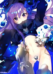 Rule 34 | 10s, 1girl, :o, armor, atsumi jun, black coat, blue flower, blue rose, blurry, blush, bow, coat, crotch plate, depth of field, fate/extra, fate/extra ccc, fate (series), flat chest, floating hair, flower, greaves, hair between eyes, hair bow, long hair, long sleeves, looking at viewer, meltryllis (fate), navel, open mouth, petals, petite, purple eyes, purple hair, rose, solo, thighs, twitter username, watermark