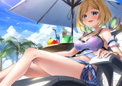 Rule 34 | 1girl, :d, aki rosenthal, aki rosenthal (hololive summer 2019), arm cuffs, arm rest, bare legs, bare shoulders, beach chair, beach umbrella, bikini, blonde hair, blue sky, blush, bracelet, commentary request, cup, day, detached hair, drinking straw, feet out of frame, floral print, flower, food, fruit, highres, hololive, jewelry, kito koruta, looking at viewer, midriff, navel, necklace, open mouth, orange (fruit), outdoors, palm tree, parted bangs, print bikini, purple bikini, purple eyes, red flower, sarong, short hair, signature, sitting, sky, smile, solo, striped clothes, striped sarong, swimsuit, tree, tropical drink, twintails, umbrella, virtual youtuber