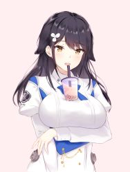 Rule 34 | 1girl, adore (adoredesu), arm at side, arm under breasts, azur lane, blue neckwear, breasts, brown eyes, bubble tea, bubble tea challenge, choukai (azur lane), drink, drinking, drinking straw, facing viewer, highres, large breasts, long hair, looking at viewer, military, military uniform, naval uniform, object on breast, open mouth, pink background, simple background, uniform, upper body, white uniform