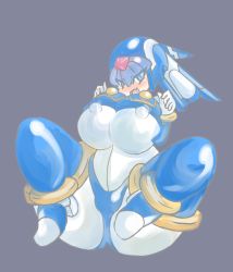 Rule 34 | 1girl, alternate breast size, android, blue eyes, blush, bodysuit, boots, bracelet, breasts, capcom, covered erect nipples, full body, grey background, helmet, high heels, jewelry, large breasts, legs up, fairy leviathan (mega man), open mouth, mega man (series), mega man zero (series), simple background, solo, spread legs, thick thighs, thigh boots, thighhighs, thighs, undressing, unk