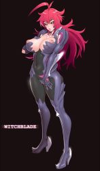 Rule 34 | ahoge, amaha masane, bad id, bad pixiv id, belly, black background, black sclera, bodysuit, breasts, cameltoe, colored sclera, high heels, highres, huge ahoge, large breasts, long hair, looking at viewer, mikoyan, navel, nipples, puffy nipples, red hair, simple background, solo, witchblade, yellow eyes