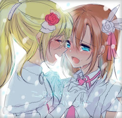 Rule 34 | 10s, 2girls, :d, ayase eli, blonde hair, blue eyes, capelet, couple, crying, crying with eyes open, closed eyes, gloves, hair down, hair ornament, holding hands, interlocked fingers, kosaka honoka, long hair, looking at another, love live!, love live! school idol project, mizukikushou, multiple girls, necktie, open mouth, orange hair, ponytail, scrunchie, smile, snow halation, tears, white gloves, yuri