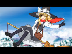 Rule 34 | 1girl, bag, blonde hair, broom, broom riding, female focus, gloves, hat, kirisame marisa, letterboxed, one eye closed, pantyhose, red scarf, satchel, scarf, short hair, sidesaddle, solo, touhou, winter clothes, witch, witch hat, yamaguchi takashi, yamaguchi yuu, yellow eyes