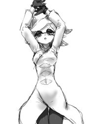 Rule 34 | 1girl, arms up, breasts, coat, cowboy shot, cross-shaped pupils, gloves, greyscale, highres, inkling, koharu2.5, long sleeves, looking at viewer, marie (splatoon), medium breasts, mole, mole under eye, monochrome, nintendo, pantyhose, parted lips, short eyebrows, short hair, simple background, sketch, solo, splatoon (series), splatoon 3, symbol-shaped pupils, tentacle hair, white background