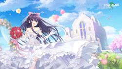 Rule 34 | 1girl, 2019, :d, balloon, blush, bouquet, bow, breasts, bridal veil, church, cleavage, cloud, collarbone, copyright name, cross, date a live, day, dress, earrings, elbow gloves, floating hair, flower, frilled thighhighs, frills, gloves, hair between eyes, hair bow, heart balloon, highres, holding, holding bouquet, jewelry, layered dress, long dress, long hair, medium breasts, off-shoulder dress, off shoulder, official art, open mouth, outdoors, pink bow, pink ribbon, purple eyes, purple hair, red flower, red rose, ribbon, rose, sleeveless, sleeveless dress, smile, solo, standing, thighhighs, veil, very long hair, wedding dress, white dress, white flower, white gloves, white rose, white thighhighs, yatogami tooka, yellow ribbon