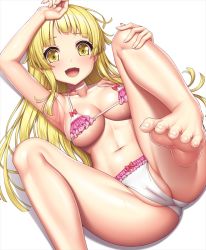 Rule 34 | 1girl, :d, arm up, armpits, bang dream!, bare arms, bare legs, bare shoulders, barefoot, bikini, blonde hair, blunt bangs, blush, bow, bow bikini, bow choker, breasts, cameltoe, choker, cleavage, cleft of venus, collarbone, commentary request, feet, fingernails, foot out of frame, frilled bikini, frills, hair spread out, halterneck, hand on own head, hand on own knee, hand up, lambda (kusowarota), leg up, long hair, looking at viewer, lying, medium breasts, micro bikini, navel, on back, open mouth, partially visible vulva, pink bikini, red bow, shadow, shiny skin, sidelocks, simple background, smile, soles, solo, spread legs, stomach, string bikini, swimsuit, teeth, toenails, toes, tsurumaki kokoro, two-tone bikini, upper teeth only, white background, white bikini, white choker, yellow eyes