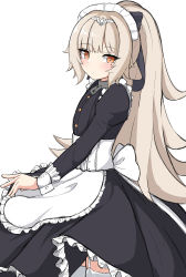 Rule 34 | 1girl, absurdres, alternate costume, apron, azur lane, black dress, black ribbon, blush, brown eyes, closed mouth, dress, enmaided, frilled apron, frilled dress, frills, from side, garter straps, hair ribbon, high ponytail, highres, juliet sleeves, light brown hair, long hair, long sleeves, looking at viewer, looking to the side, maid, maid headdress, mole, mole under eye, moyoron, ponytail, puffy sleeves, ribbon, simple background, solo, thighhighs, very long hair, waist apron, white apron, white background, white thighhighs, z46 (azur lane)