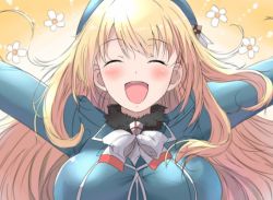 Rule 34 | 10s, 1girl, :d, ^ ^, atago (kancolle), beret, blonde hair, blush, breasts, closed eyes, colorized, commentary request, closed eyes, facing viewer, flower, hat, kantai collection, kuromu (underporno), large breasts, long hair, long sleeves, looking at viewer, military, military uniform, open mouth, outstretched arms, pan-pa-ka-paaan!, smile, solo, uniform, upper body