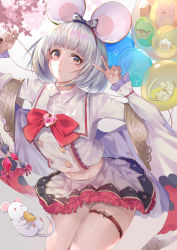 Rule 34 | 1girl, absurdres, animal, animal ears, balloon, bow, brooch, collared shirt, commentary request, frills, granblue fantasy, hair ornament, hairclip, happy new year, heart, heart brooch, highres, jewelry, joehongtee, long sleeves, looking at viewer, midriff, mouse (animal), mouse ears, navel, new year, pleated skirt, red eyes, shirt, short hair, silver hair, skirt, solo, vikala (granblue fantasy), white shirt, white skirt, wide sleeves