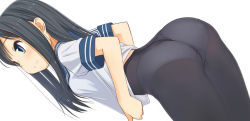 Rule 34 | 1girl, ass, black hair, black pantyhose, blouse, blue eyes, blue sailor collar, closed mouth, commentary, crotch seam, dutch angle, from behind, high-waist pantyhose, leaning forward, long hair, looking to the side, original, panties, panties under pantyhose, pantyhose, retsumaru, sailor collar, school uniform, serafuku, shirt, shirt tug, short sleeves, simple background, smile, solo, straight hair, underwear, white background, white shirt