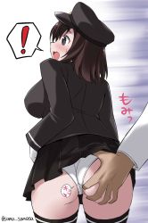 Rule 34 | 10s, 1girl, akitsu maru (kancolle), ass, ass grab, black eyes, black hair, blush, breasts, clothes lift, gloves, grabbing another&#039;s ass, groping, hat, highres, kantai collection, large breasts, military, military uniform, open mouth, panties, sama samasa, short hair, skirt, skirt lift, solo focus, surprised, thighhighs, underwear, uniform, white gloves, white panties