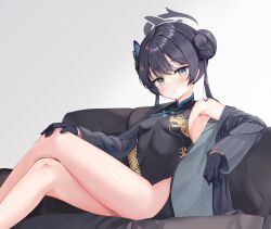 Rule 34 | 1girl, ass, black dress, black gloves, black hair, black halo, blue archive, blush, breasts, butterfly hair ornament, china dress, chinese clothes, closed mouth, coat, crossed legs, deerwater, double bun, dragon print, dress, gloves, grey coat, grey eyes, hair bun, hair ornament, halo, highres, kisaki (blue archive), long hair, long sleeves, sleeveless, sleeveless dress, small breasts, solo, striped coat, twintails, vertical-striped coat