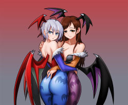 Rule 34 | 2girls, :o, ahoge, anastasia (idolmaster), animal print, arm around waist, ass, asymmetrical docking, back, backless outfit, bare back, bare shoulders, bat print, bat wings, black leotard, black wings, blue eyes, blue pantyhose, boongari, breast press, breasts, bridal gauntlets, brown eyes, brown hair, capcom, cleavage, closed mouth, collarbone, cosplay, cowboy shot, demon girl, eyebrows, feathers, female focus, from side, gradient background, grey background, hair between eyes, half-closed eyes, hand on another&#039;s shoulder, head wings, highleg, highleg leotard, hug, idolmaster, idolmaster cinderella girls, large breasts, leotard, light smile, lilith aensland, lilith aensland (cosplay), long hair, looking at viewer, looking back, medium breasts, morrigan aensland, morrigan aensland (cosplay), multiple girls, neck, nitta minami, open mouth, pantyhose, parted bangs, parted lips, print legwear, purple legwear, red background, red eyes, red leotard, red wings, short hair, sideboob, silver hair, smile, standing, surprised, thong, thong leotard, vampire (game), wings, yuri