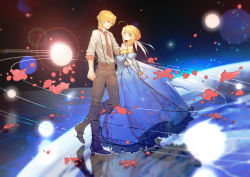 Rule 34 | 1boy, 1girl, absurdres, ahoge, alternate costume, artoria pendragon (fate), bad id, bad pixiv id, blonde hair, boots, breasts, cleavage, dress, earrings, fate/zero, fate (series), gilgamesh (fate), green eyes, hair ribbon, height difference, highres, jewelry, lilin99jh, necktie, red eyes, ribbon, saber (fate), small breasts, suspenders
