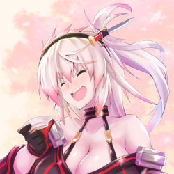 Rule 34 | 1girl, alcohol, asahi, bare shoulders, breasts, cleavage, collarbone, fuuma aki, gloves, large breasts, lilith-soft, navel, open mouth, sake, shiny skin, smile, solo, taimanin (series), taimanin rpgx, upper body, white hair