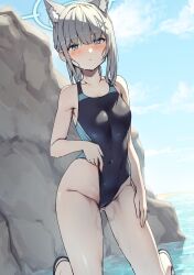 Rule 34 | 1girl, animal ear fluff, animal ears, bare shoulders, beach, blue archive, blue eyes, blue one-piece swimsuit, blue sky, blush, breasts, collarbone, covered navel, cross hair ornament, extra ears, grey hair, hair ornament, halo, highleg, highleg swimsuit, highres, kneeling, looking at viewer, medium hair, multicolored clothes, multicolored swimsuit, nameco (nameco h), one-piece swimsuit, shiroko (blue archive), shiroko (swimsuit) (blue archive), short ponytail, sidelocks, sky, small breasts, solo, swimsuit, thighs, wet, wolf ears