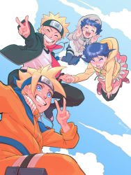 Rule 34 | 2boys, 2girls, ahoge, blonde hair, blue eyes, boruto: naruto the movie, brother and sister, cosplay, costume switch, couple, facial mark, family, father and daughter, father and son, forehead protector, highres, holding hands, hood, hoodie, husband and wife, hyuuga hinata, jacket, looking at viewer, midair, mother and daughter, mother and son, multiple boys, multiple girls, naruto, naruto (series), purple eyes, purple hair, risuo, siblings, skirt, smile, spiked hair, thighhighs, time paradox, twitter username, uzumaki boruto, uzumaki himawari, uzumaki naruto, v, whisker markings, whiskers
